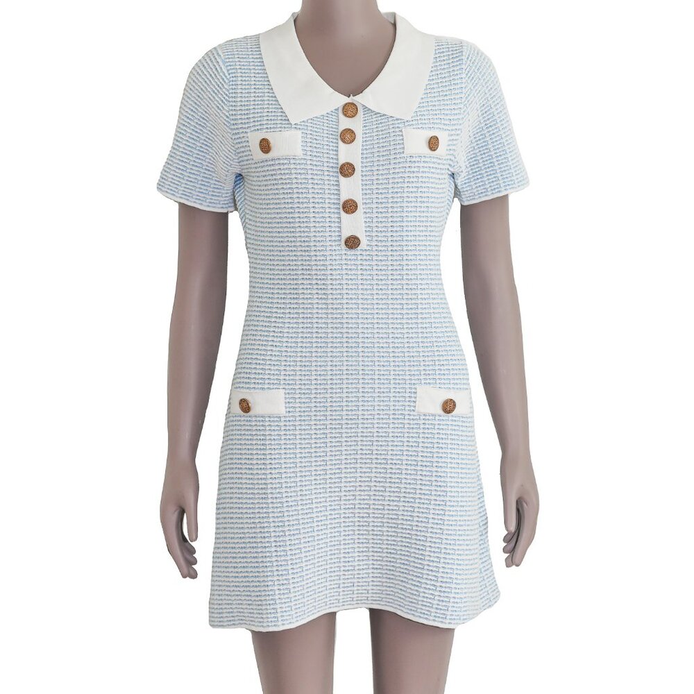 Preppy Wedding Guest Blue White Collared Short Sleeve Formal Short A line Dress‎